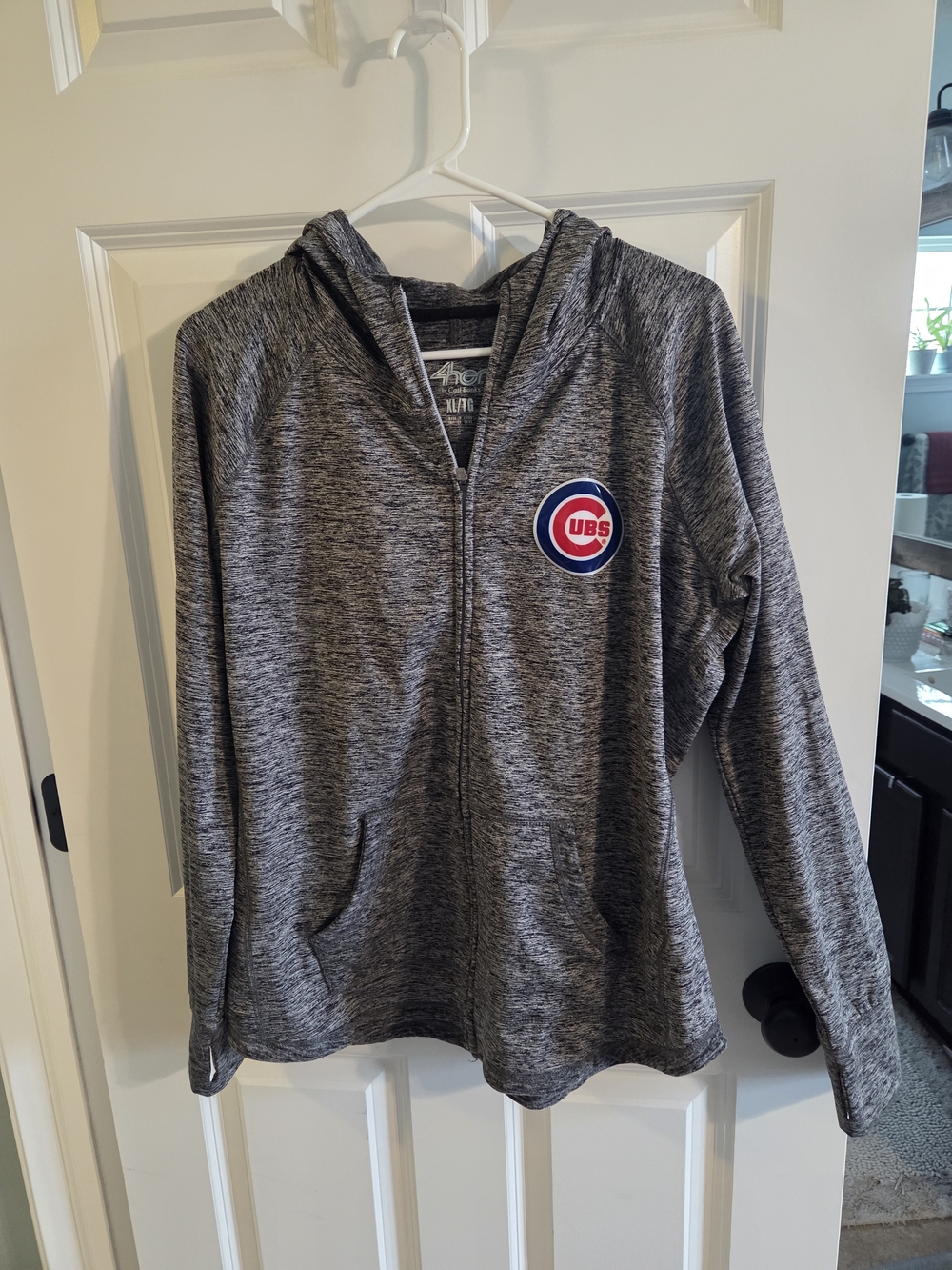 XL Chicago Cubs Gray Heather Track Jacket Thumb Holes Zip Hoodie with Logo